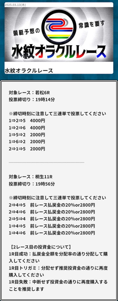 幸せボートの有料予想[水紋オラクルレースの2025年3月13日の買い目]